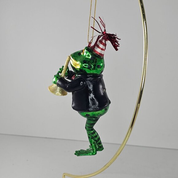 Frog Ornament Playing Trumpet With Party Hat & Tuxedo Glass - Picture 6 of 7